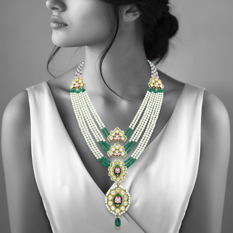 Pearl Necklace with Emerald, Tourmaline, and Polki Pendant